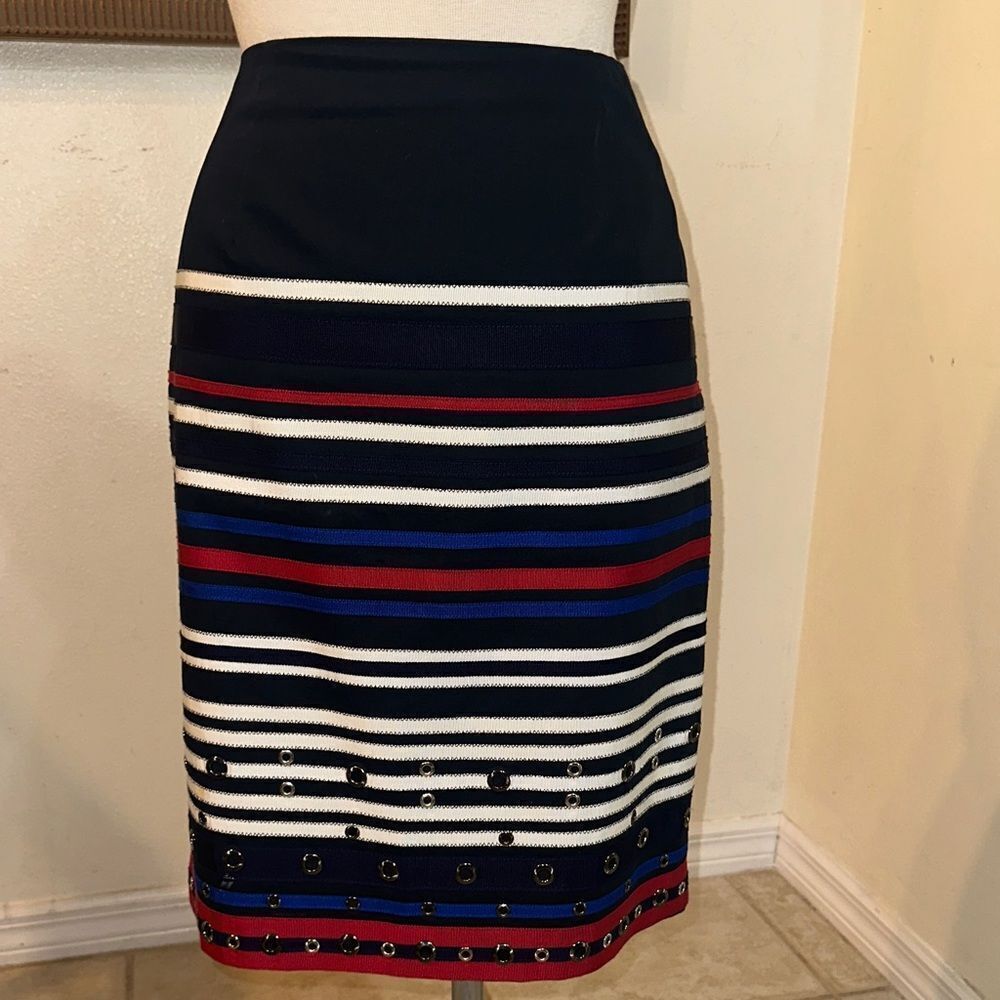WORTH New York Striped Navy/Red/White Skirt w/ Grommets Size 8